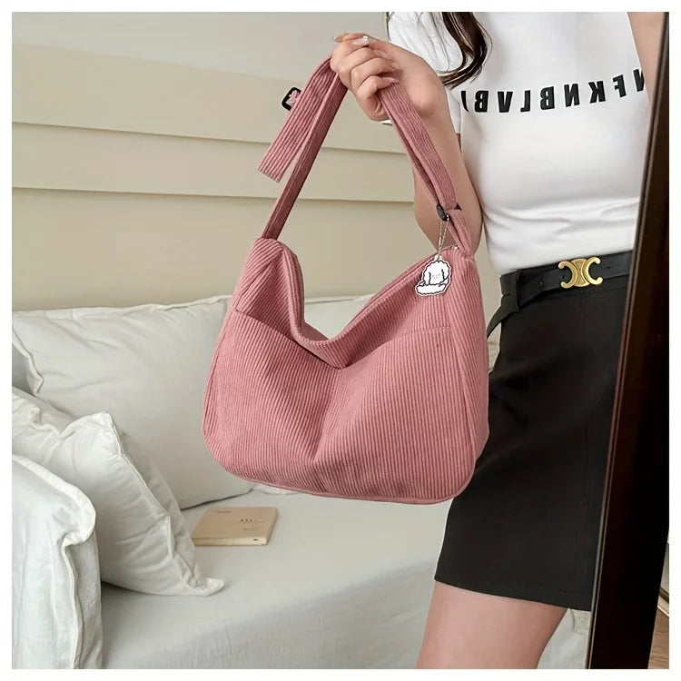 Bolsa de ombro feminina de veludo cotelê, sacola casual listrada de grande capacidade.