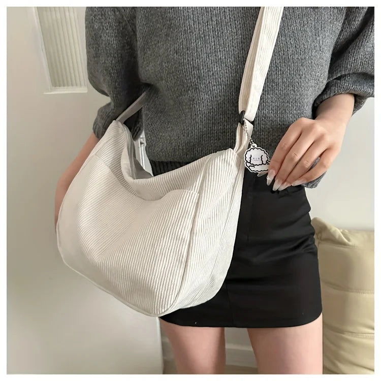 Bolsa de ombro feminina de veludo cotelê, sacola casual listrada de grande capacidade.