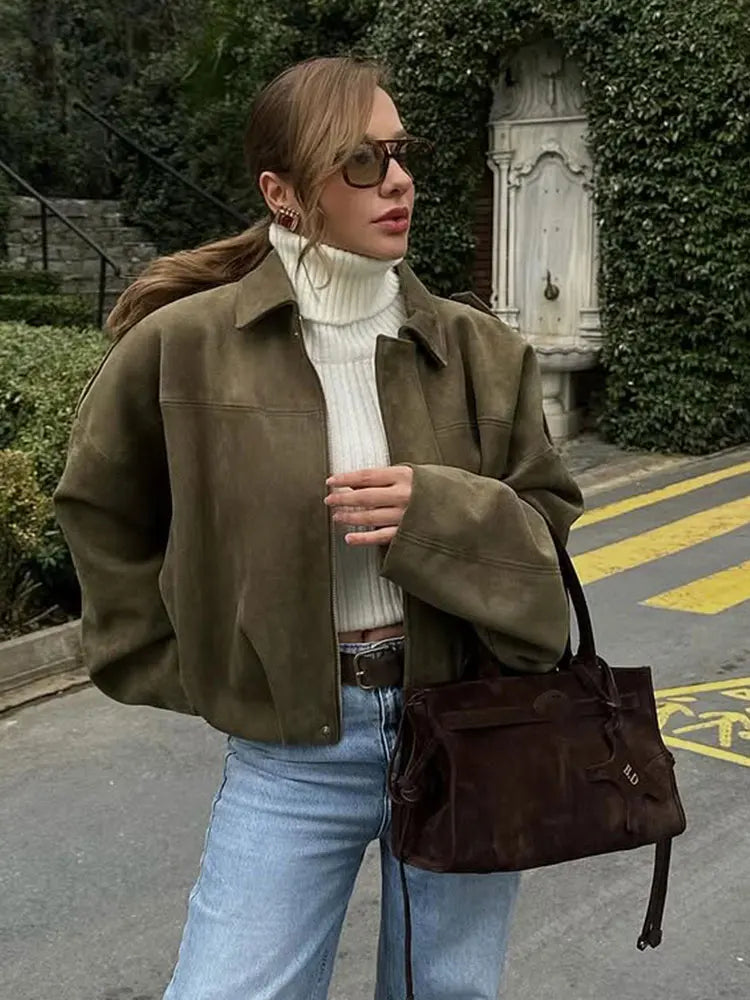 Hh feminino marrom verde camurça jaqueta solta casual.