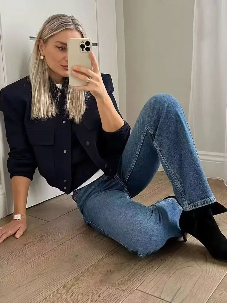 jaqueta bomber vintage manga longa botão frontal
