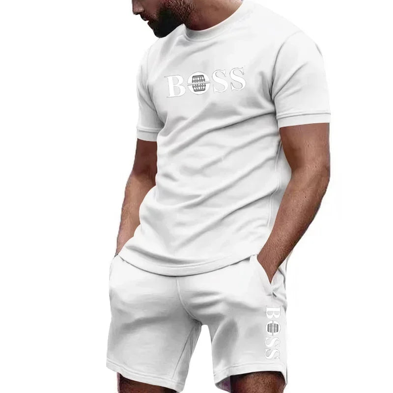 Conjunto de camiseta manga curta e calções de duas peças masculinas .