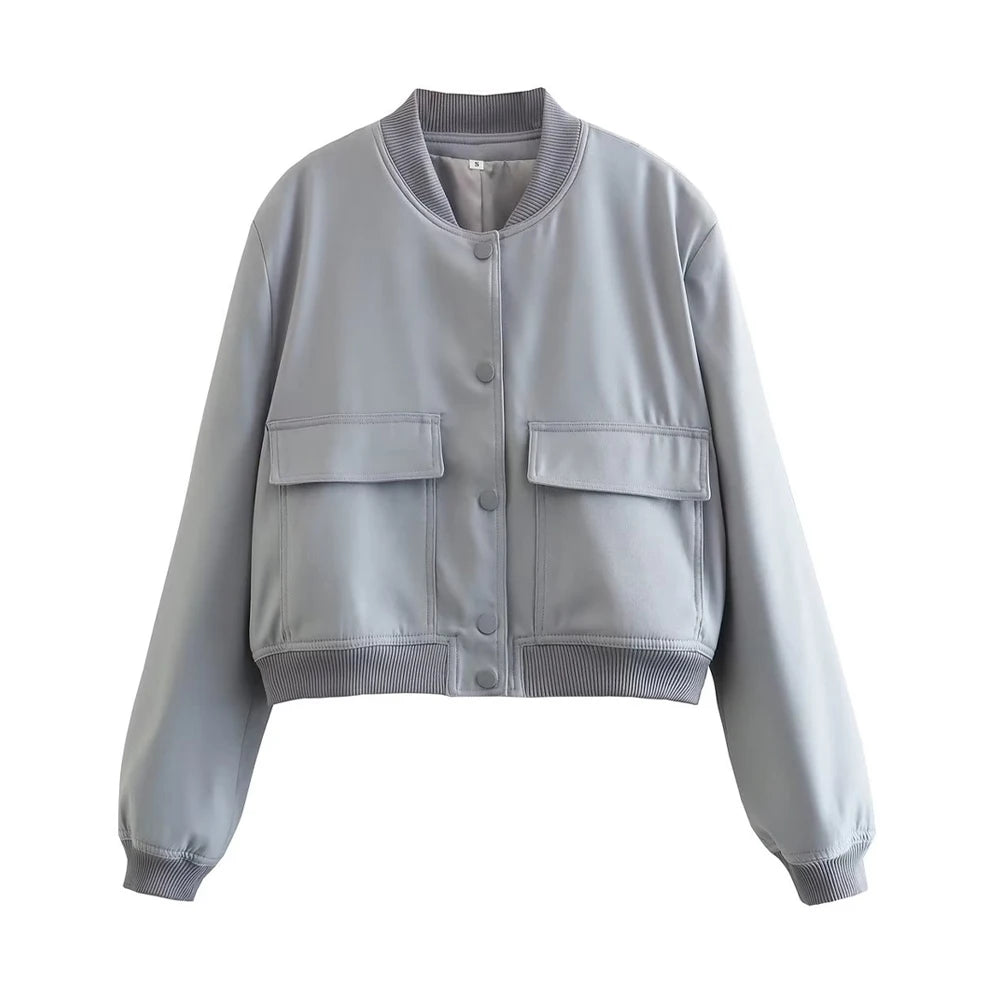 jaqueta bomber vintage manga longa botão frontal