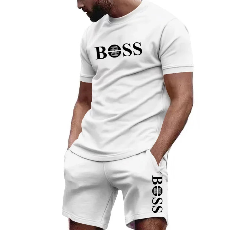 Conjunto de camiseta manga curta e calções de duas peças masculinas .