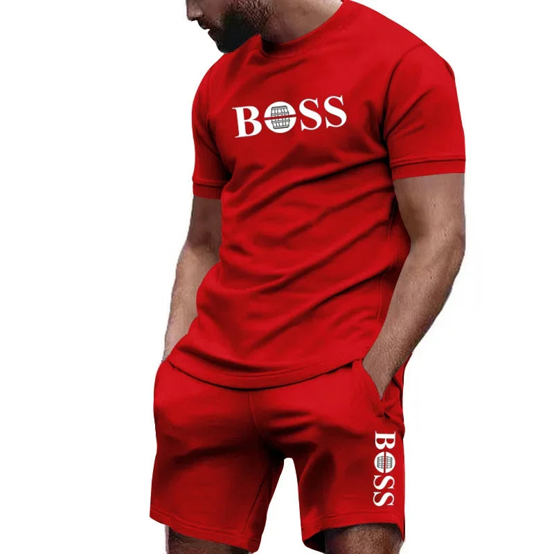 Conjunto de camiseta manga curta e calções de duas peças masculinas .