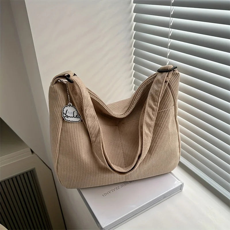 Bolsa de ombro feminina de veludo cotelê, sacola casual listrada de grande capacidade.