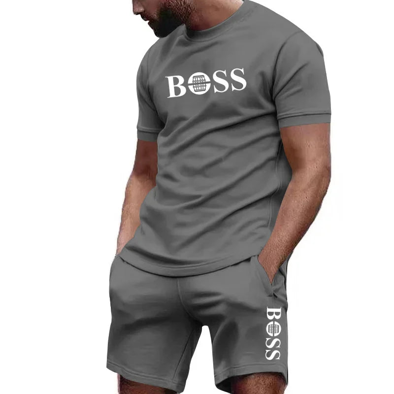 Conjunto de camiseta manga curta e calções de duas peças masculinas .