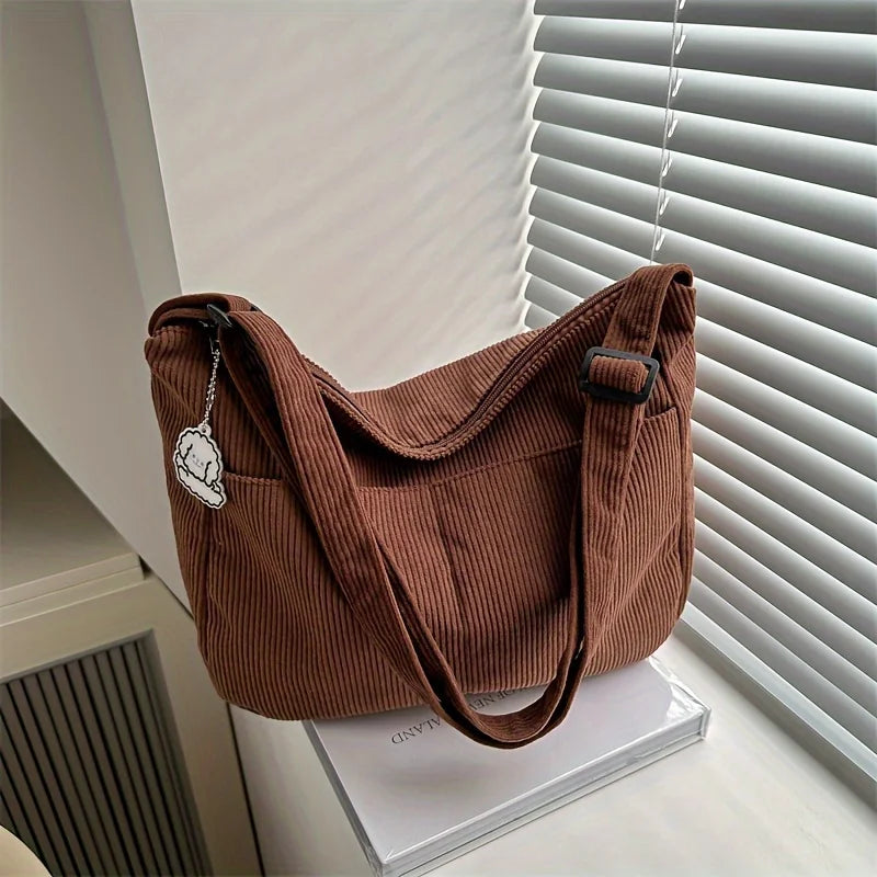 Bolsa de ombro feminina de veludo cotelê, sacola casual listrada de grande capacidade.