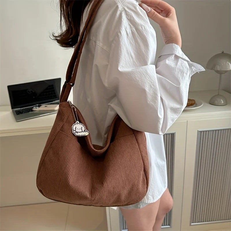 Bolsa de ombro feminina de veludo cotelê, sacola casual listrada de grande capacidade.