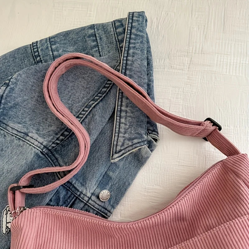 Bolsa de ombro feminina de veludo cotelê, sacola casual listrada de grande capacidade.