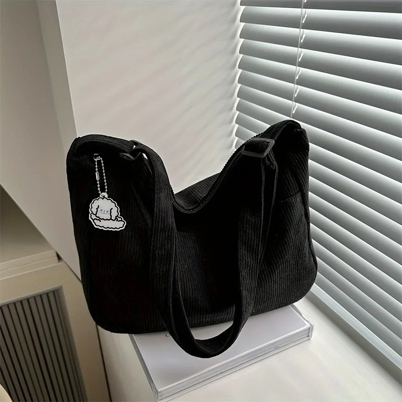 Bolsa de ombro feminina de veludo cotelê, sacola casual listrada de grande capacidade.