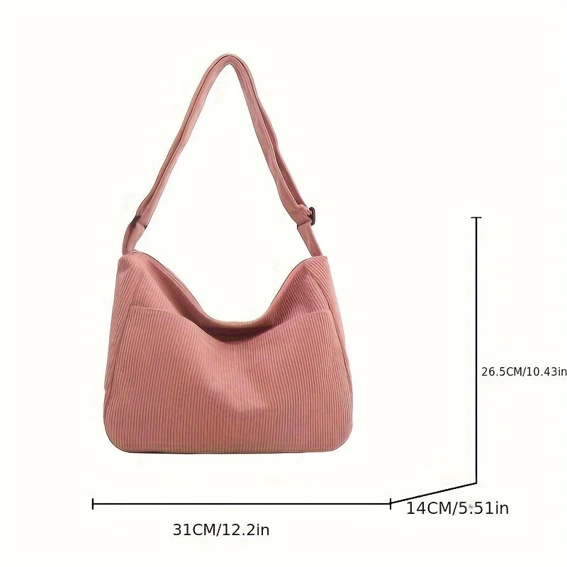 Bolsa de ombro feminina de veludo cotelê, sacola casual listrada de grande capacidade.