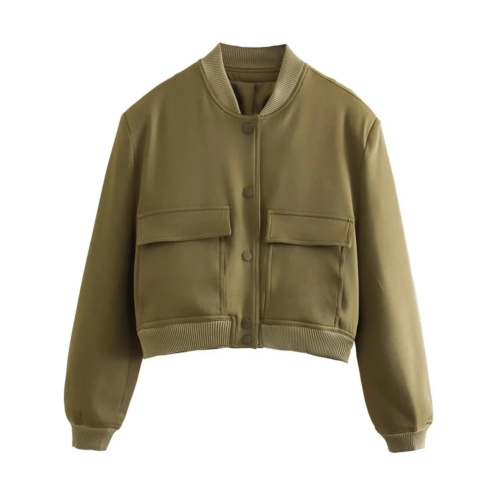 jaqueta bomber vintage manga longa botão frontal