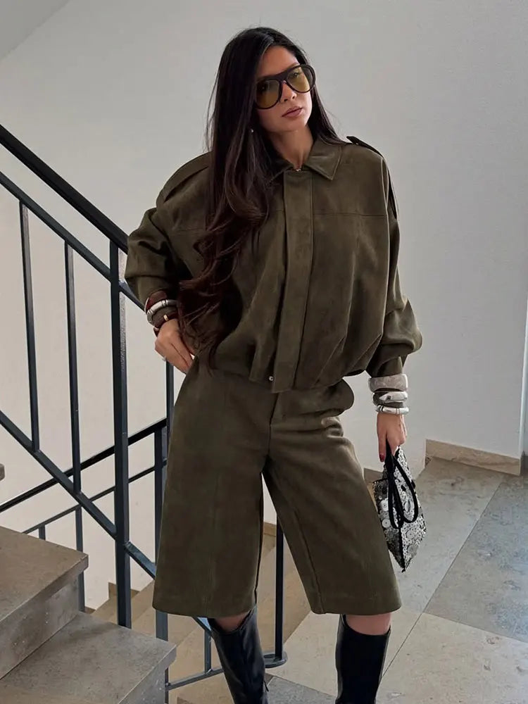 Hh feminino marrom verde camurça jaqueta solta casual.