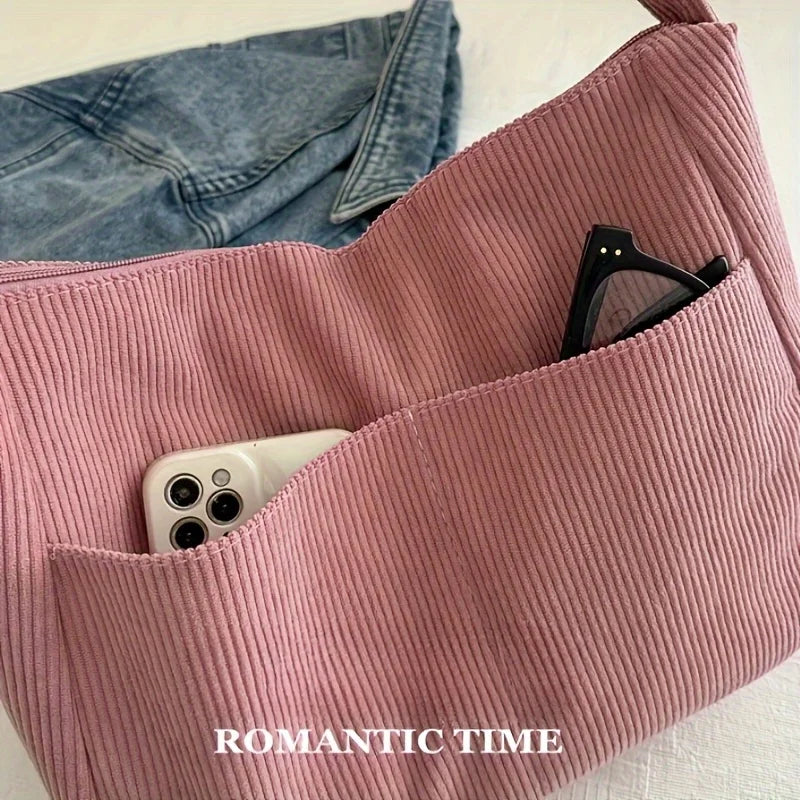 Bolsa de ombro feminina de veludo cotelê, sacola casual listrada de grande capacidade.