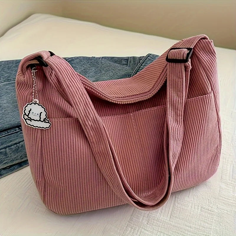 Bolsa de ombro feminina de veludo cotelê, sacola casual listrada de grande capacidade.