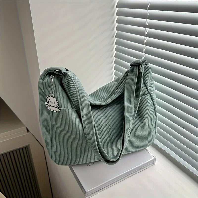Bolsa de ombro feminina de veludo cotelê, sacola casual listrada de grande capacidade.