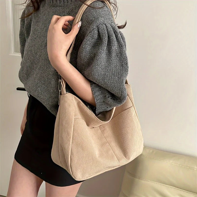 Bolsa de ombro feminina de veludo cotelê, sacola casual listrada de grande capacidade.