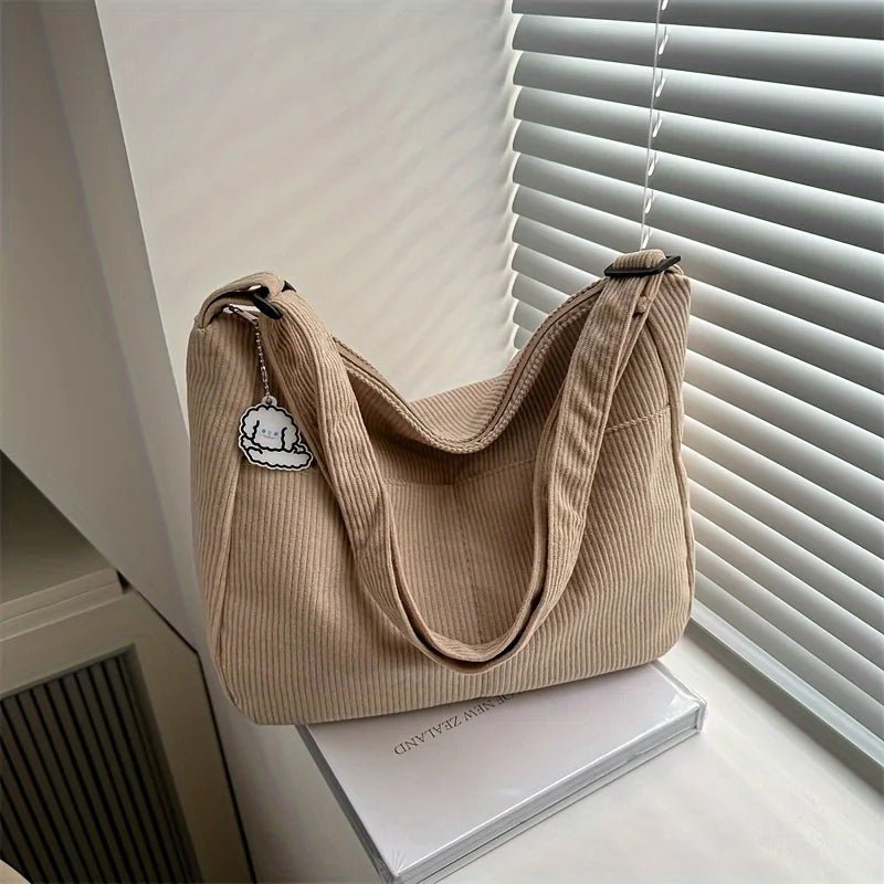 Bolsa de ombro feminina de veludo cotelê, sacola casual listrada de grande capacidade.