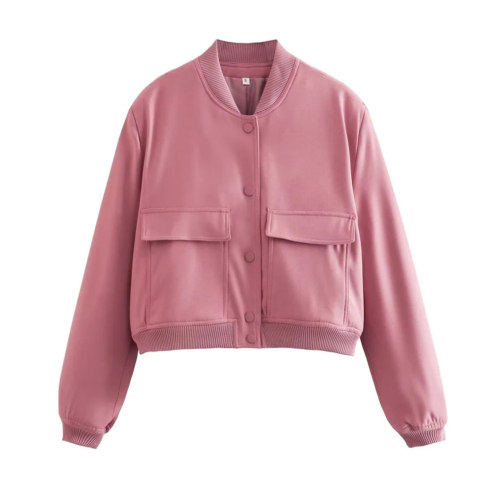 jaqueta bomber vintage manga longa botão frontal