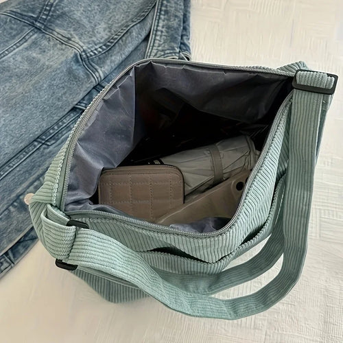 Bolsa de ombro feminina de veludo cotelê, sacola casual listrada de grande capacidade.