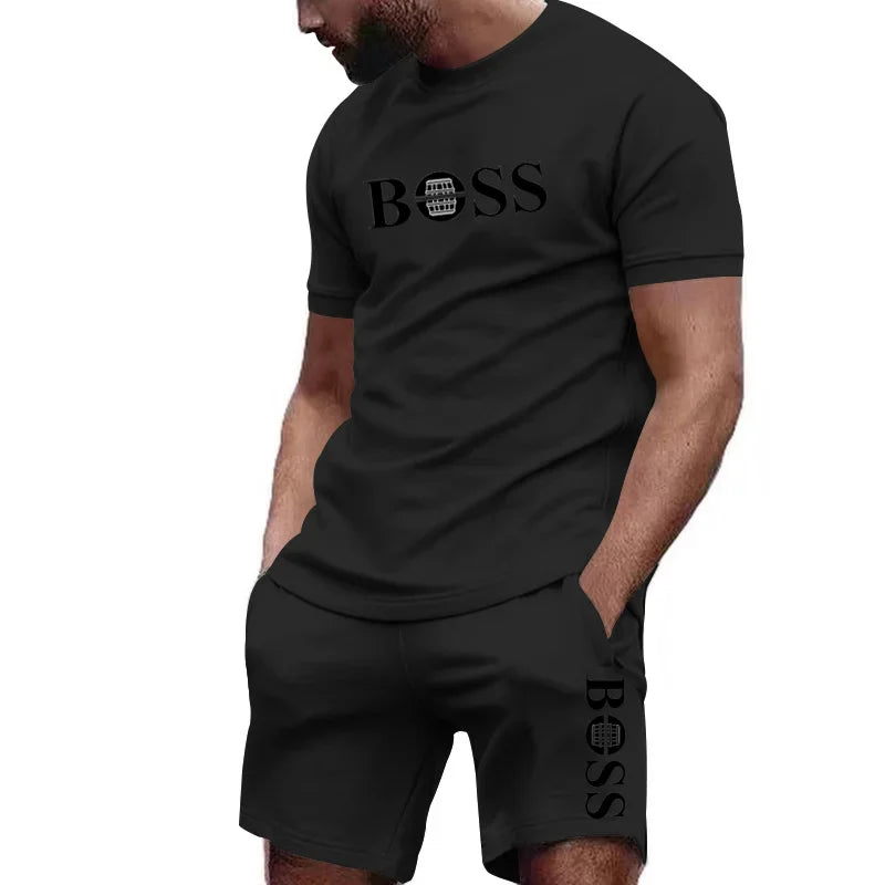 Conjunto de camiseta manga curta e calções de duas peças masculinas .
