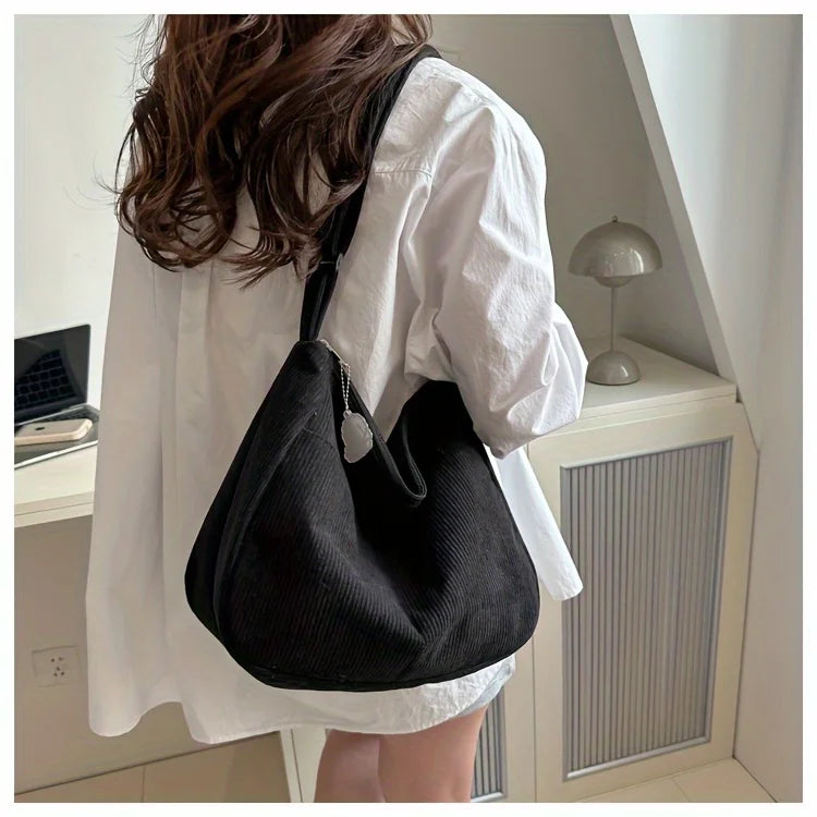Bolsa de ombro feminina de veludo cotelê, sacola casual listrada de grande capacidade.
