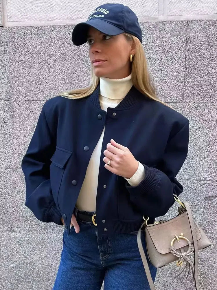 jaqueta bomber vintage manga longa botão frontal