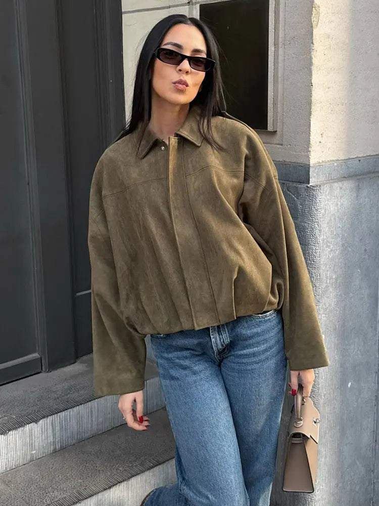 Hh feminino marrom verde camurça jaqueta solta casual.