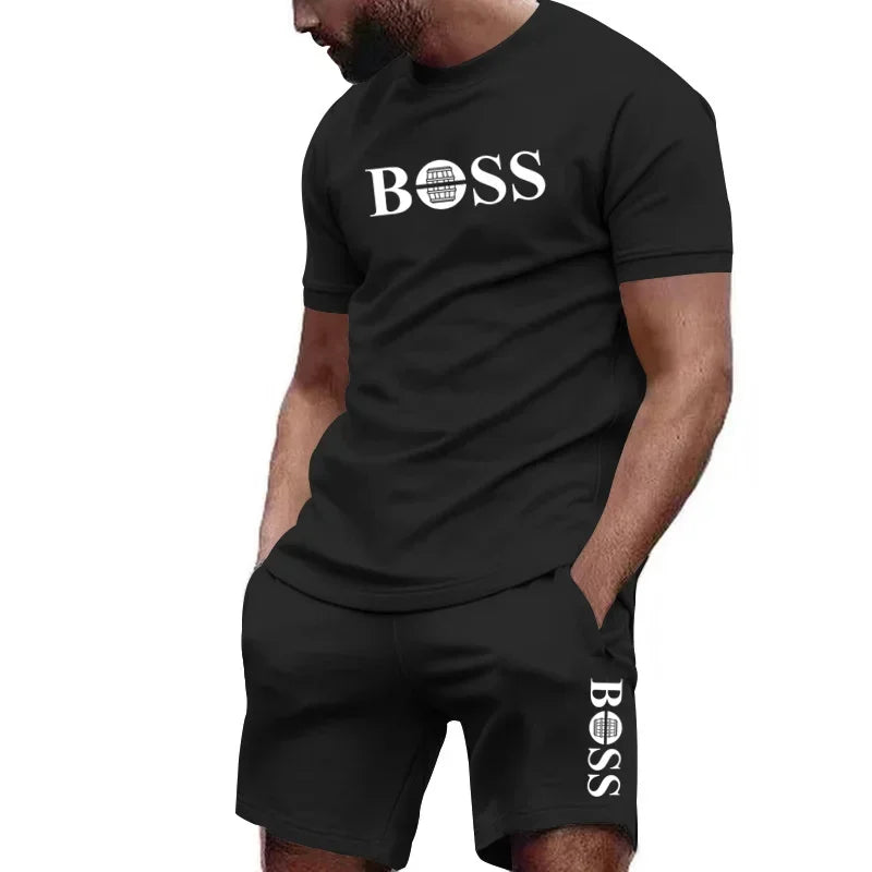 Conjunto de camiseta manga curta e calções de duas peças masculinas .
