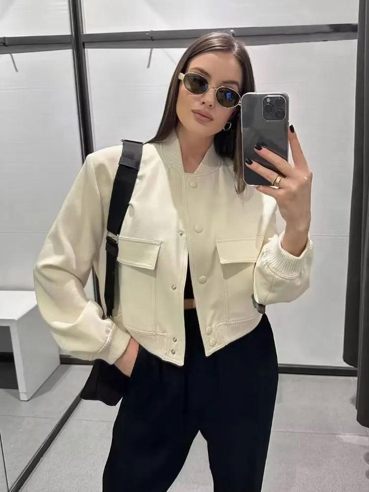 jaqueta bomber vintage manga longa botão frontal