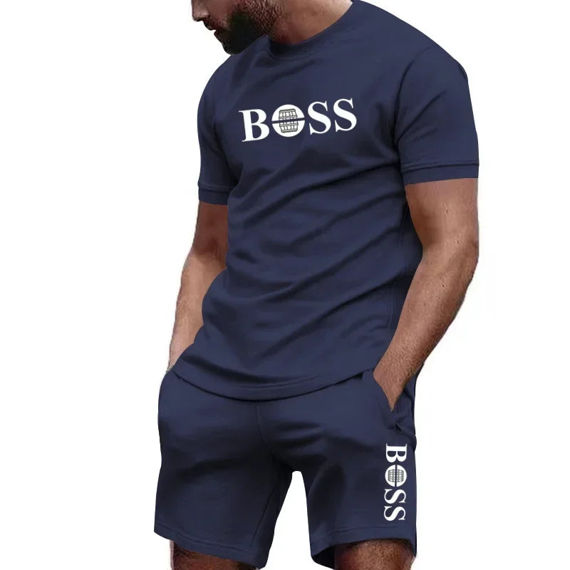 Conjunto de camiseta manga curta e calções de duas peças masculinas .