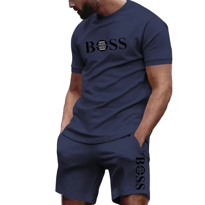 Conjunto de camiseta manga curta e calções de duas peças masculinas .