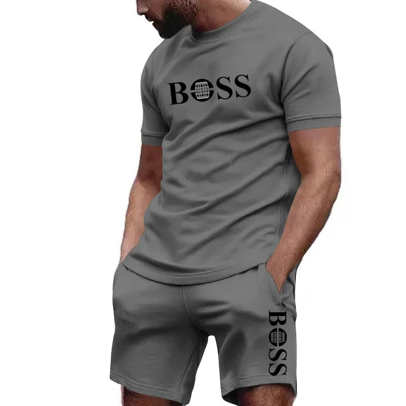 Conjunto de camiseta manga curta e calções de duas peças masculinas .