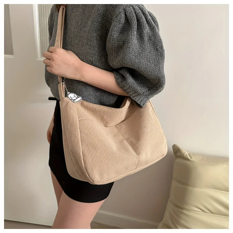 Bolsa de ombro feminina de veludo cotelê, sacola casual listrada de grande capacidade.