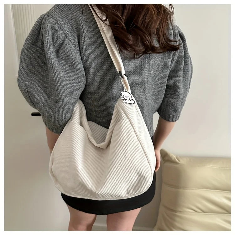 Bolsa de ombro feminina de veludo cotelê, sacola casual listrada de grande capacidade.