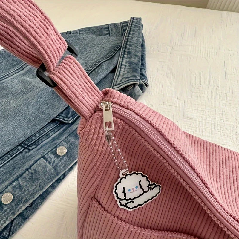 Bolsa de ombro feminina de veludo cotelê, sacola casual listrada de grande capacidade.