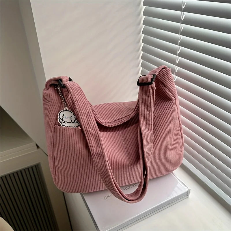 Bolsa de ombro feminina de veludo cotelê, sacola casual listrada de grande capacidade.
