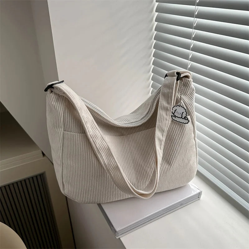 Bolsa de ombro feminina de veludo cotelê, sacola casual listrada de grande capacidade.